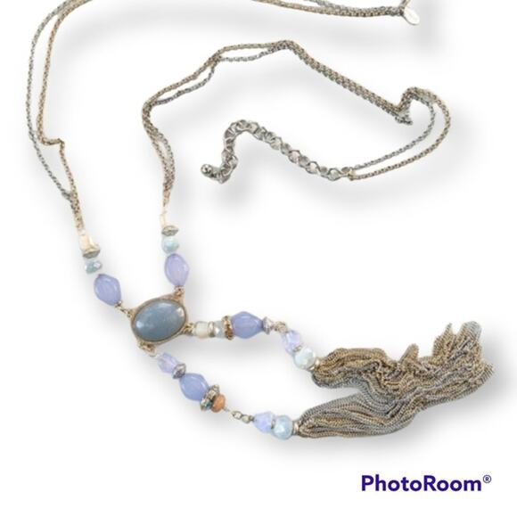 CHICO'S silver and gold tone tassel statement necklace, lavender purple accent - Picture 1 of 15